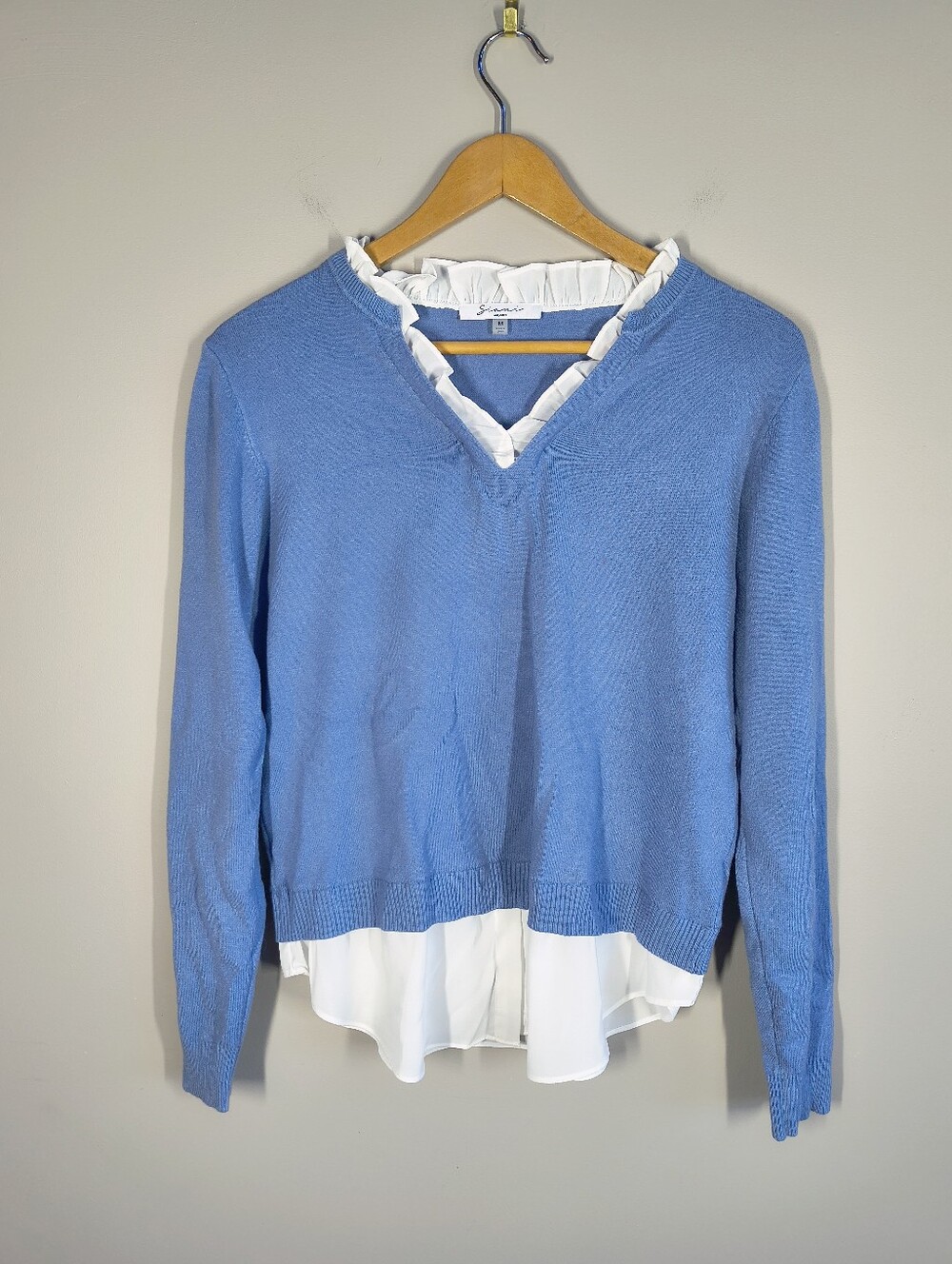 Siani Blue V-Neck Sweater with White Ruffle Trim, Size M